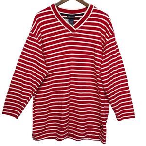 Catalina Pullover Sweater Women Size L Red‎ White 100% Cotton V Neck Long Sleeve